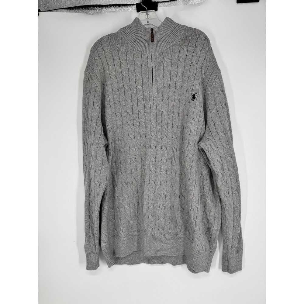Polo Ralph Lauren Sweater Grey 3XL Tall 3XLT Cable Knit Quarter 1/4 Zip Pullover